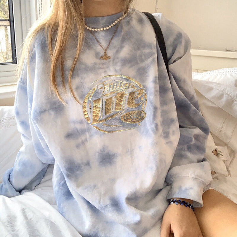 Damen Oversized Sweatshirt mit einzigartigem Batik-Muster und glänzender Applikation Drune