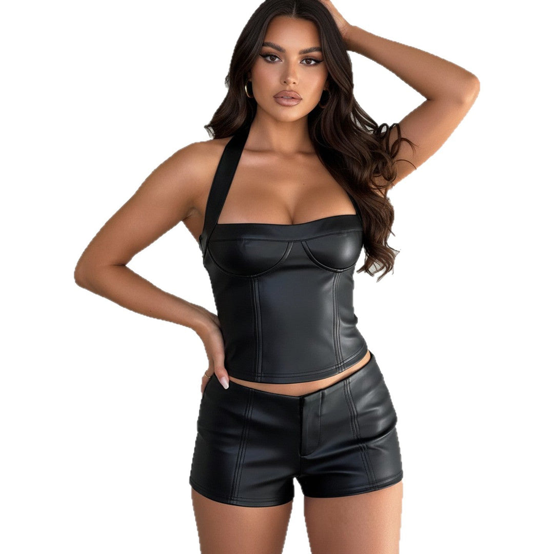 Damen Kunstleder Crop-Top mit romantischem Schnitt und verführerischem Bustier-Wirkung Drune