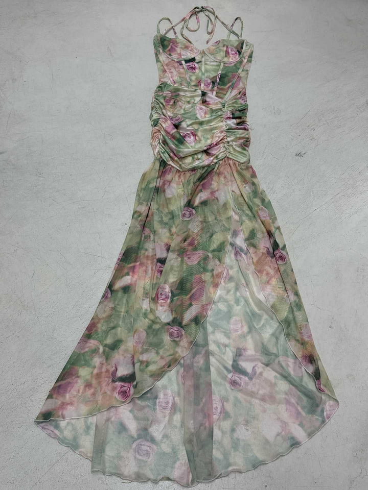 Damen Maxikleid mit fließendem Rüschendesign und floralem Muster Drune