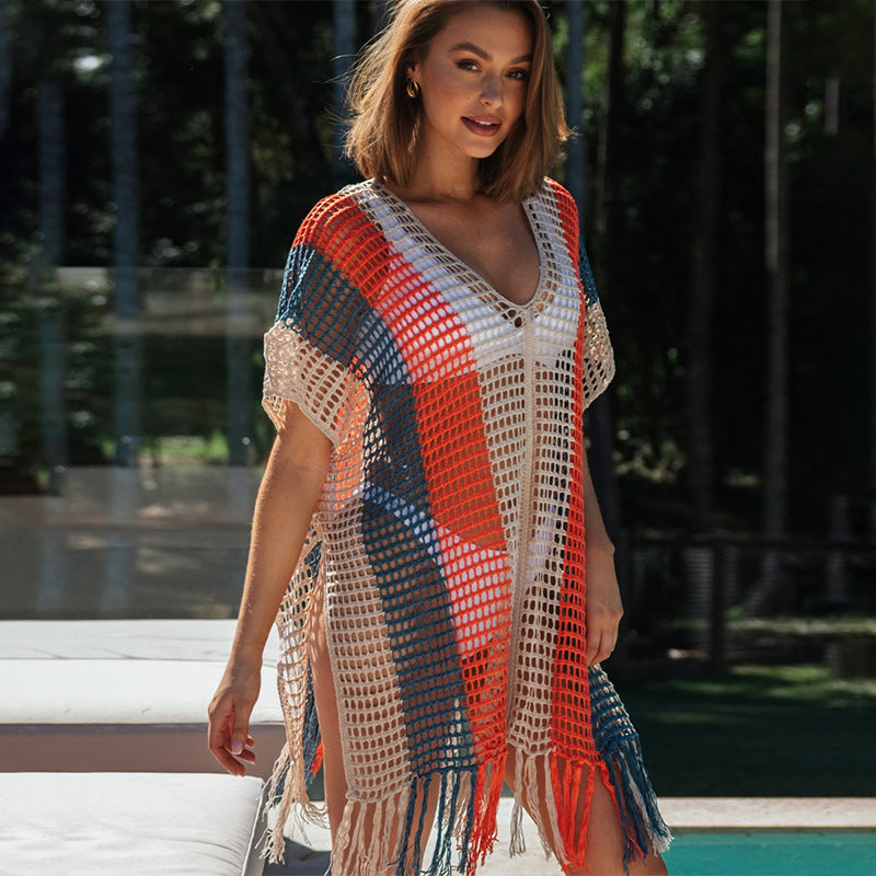 Damen Strandtunika mit modischem Netzdesign und fransenverziertem Saum Drune