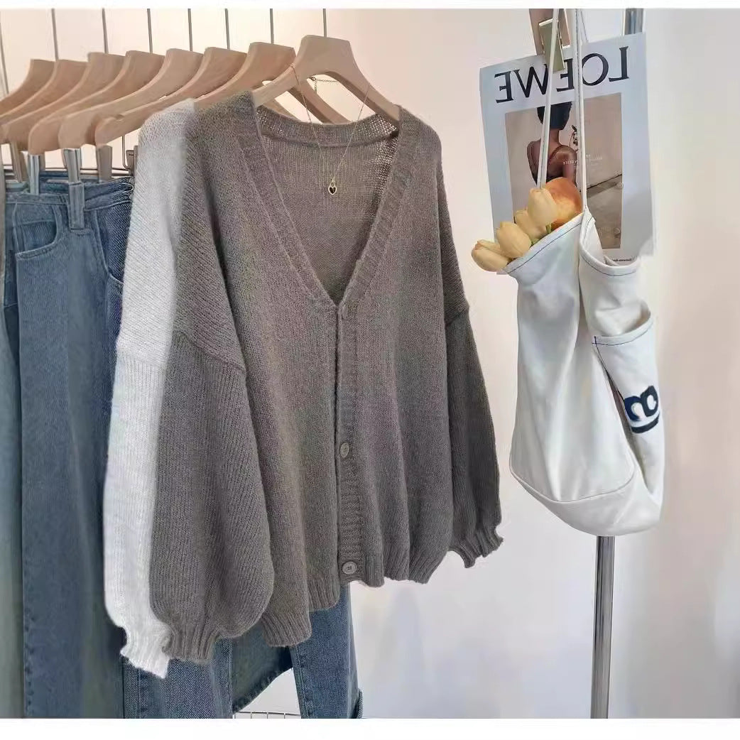 Damen Flauschiger Strickcardigan mit voluminösen Ärmeln und Knopfdetails Drune