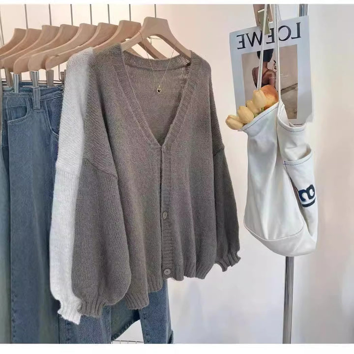 Damen Flauschiger Strickcardigan mit voluminösen Ärmeln und Knopfdetails Drune