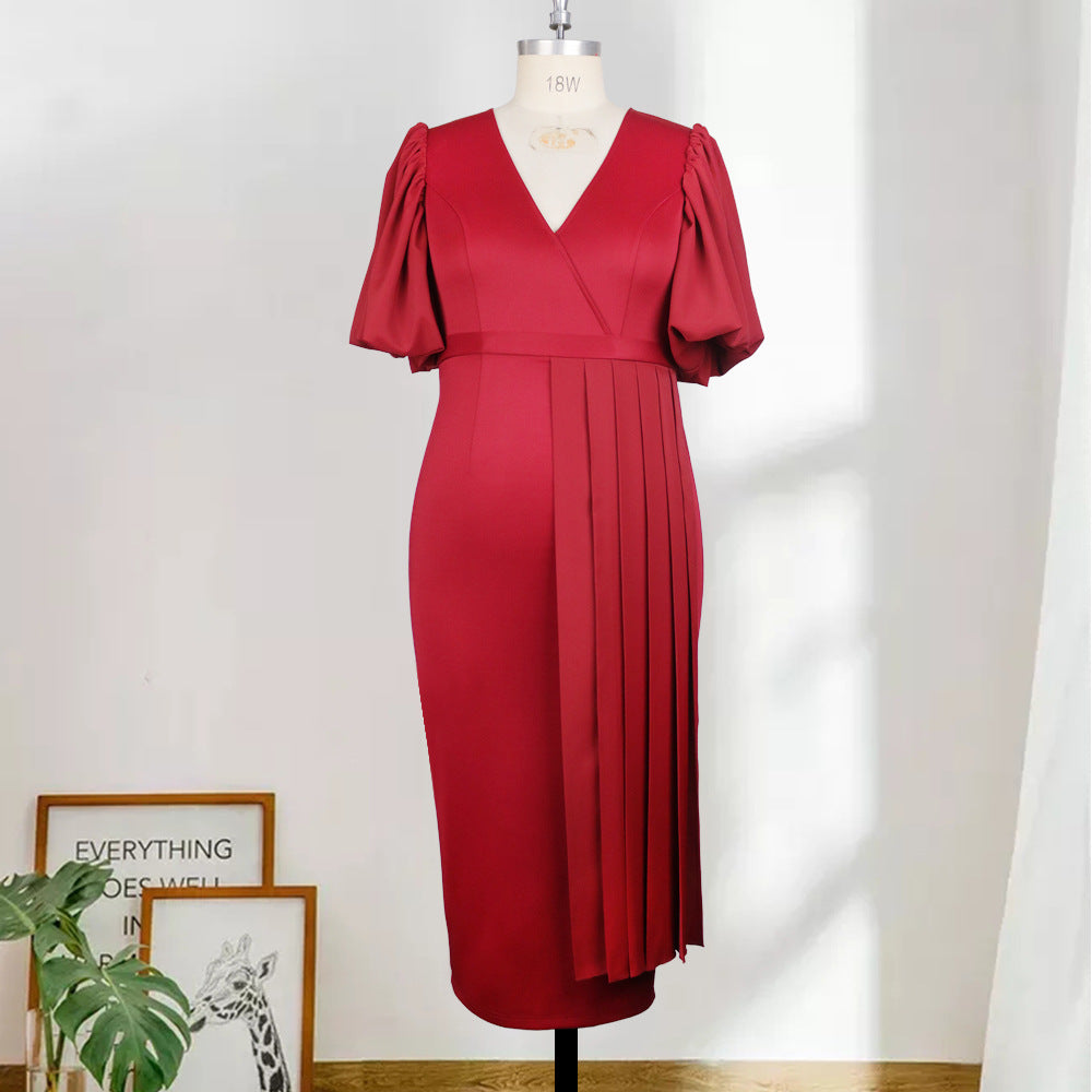 Damen elegantes Faltenkleid mit V-Ausschnitt und voluminösen Ärmeln Drune