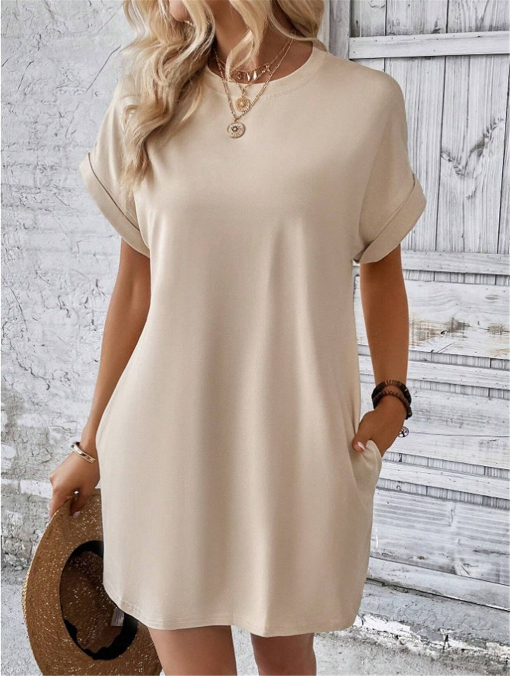 Damen lässiges T-Shirt-Kleid mit umschlagbaren Ärmeln und Taschen Drune