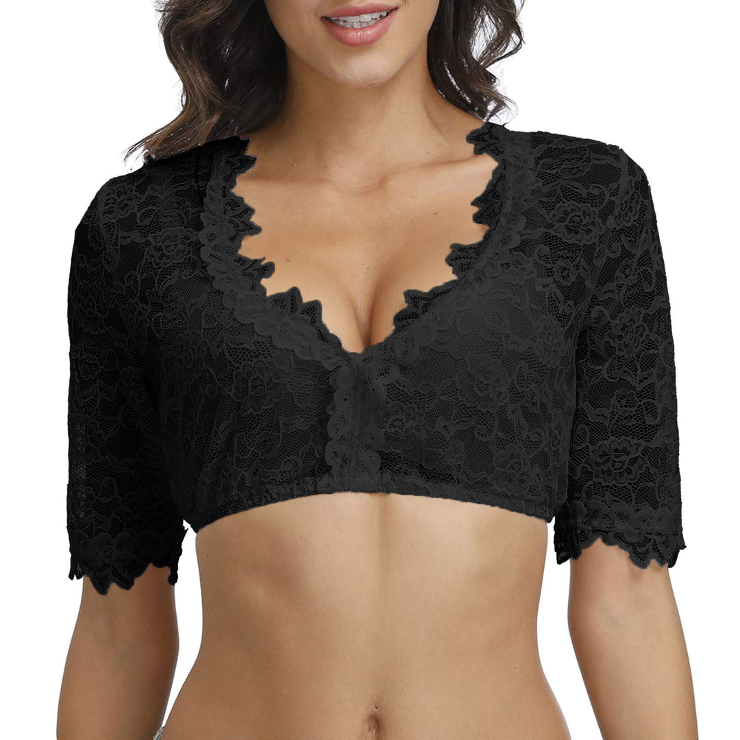 Damen nan spitzenbesetzte Kurzbluse mit V-Ausschnitt und halblangen Ärmeln Drune
