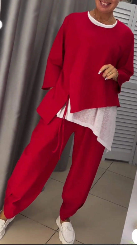 Damen Lässiges zwei-teiliges Freizeit-Set mit asymmetrischem Oberteil und bequemen Hosen Drune