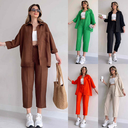 Damen lässiges Zweiteiliges Set aus übergroßem Hemd und bequemen Hosen Drune