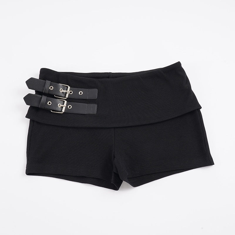 Damen Shorts mit breitem Bund und dekorativen Schnallen Drune