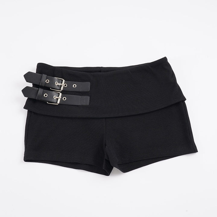 Damen Shorts mit breitem Bund und dekorativen Schnallen Drune