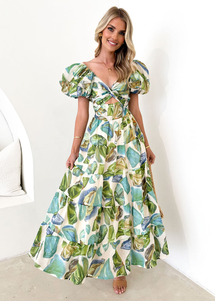 Damen Maxikleid mit voluminösen Puffärmeln und floralem Muster Drune