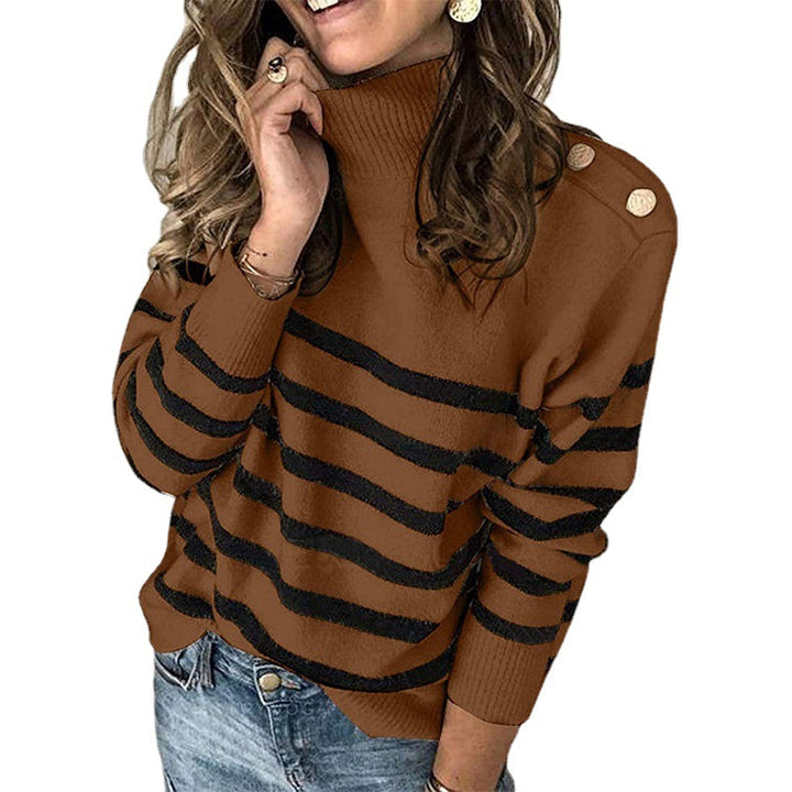 Damen Hochgeschlossen Pullover mit Streifenmuster und dekorativen Knöpfen Drune