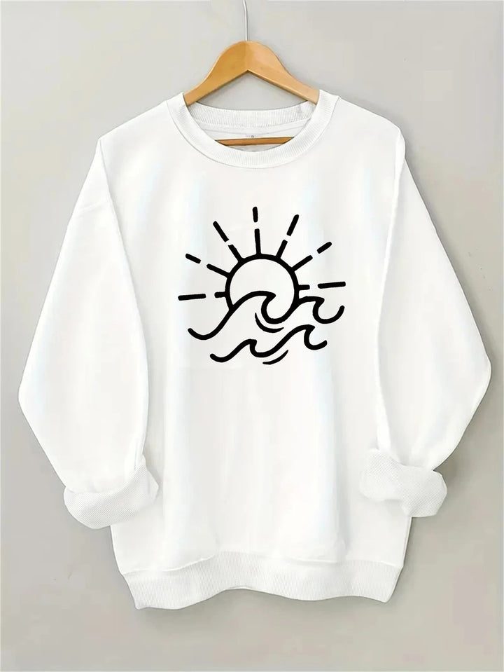 Damen Sweatshirt mit kreativem Sonnen- und Wellenmotiv Drune