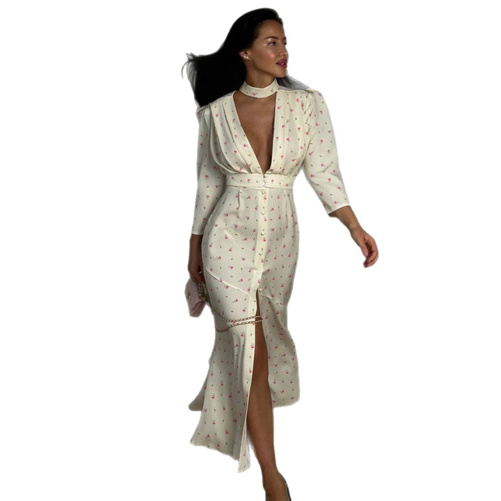 Damen Maxikleid mit elegantem V-Ausschnitt und trendigem Knopfdesign Drune