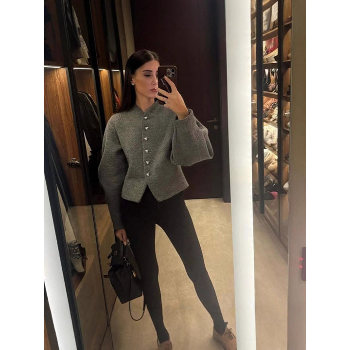 Damen zeitlose Strickjacke mit eleganten Knöpfen und voluminösen Ärmeln Drune