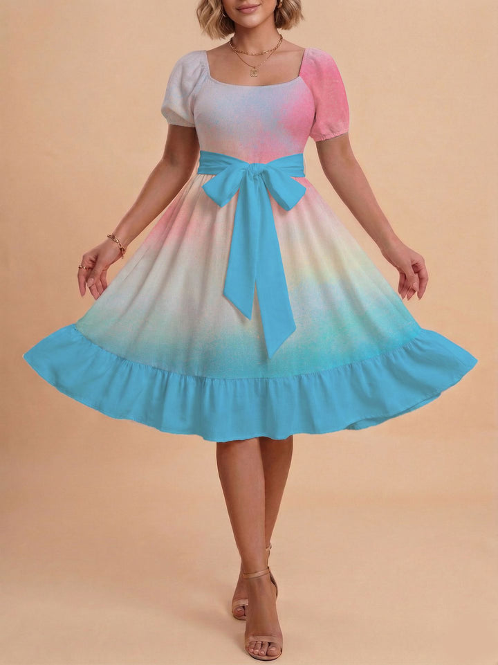 Damen Retro Maxikleid mit Puffärmeln und Taillengürtel Drune