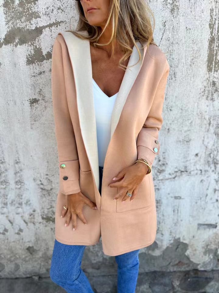 Damen modische Longjacke mit großzügiger Kapuze und praktischen Taschen Drune