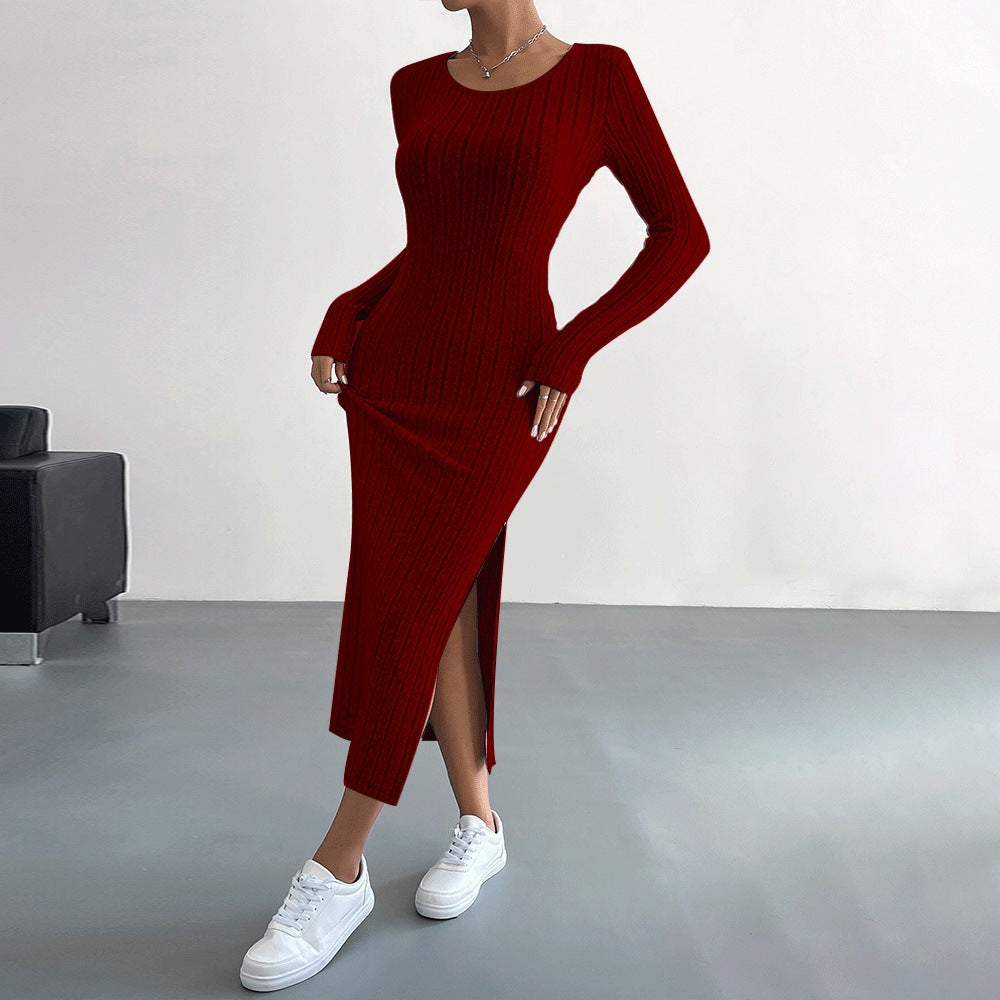 Damen Strickmaxikleid mit langen Ärmeln und seitlichem Schlitz Drune