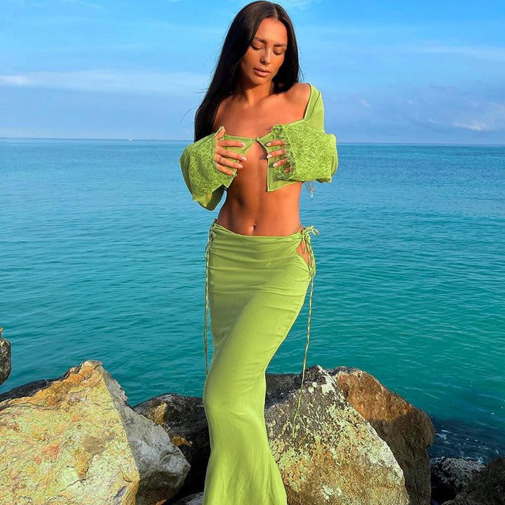 Damen Transparentes Set mit Crop-Top und Maxirock Drune