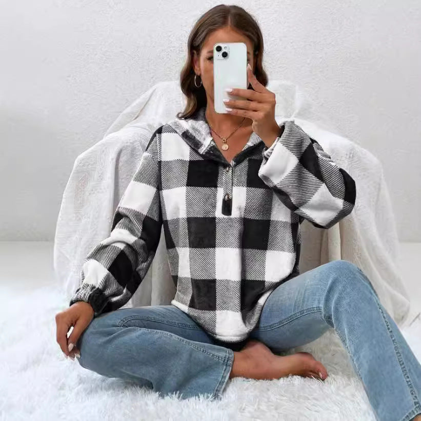 Damen Oversized Karo-Hoodie mit Knopfleiste und breiten Ärmeln Drune