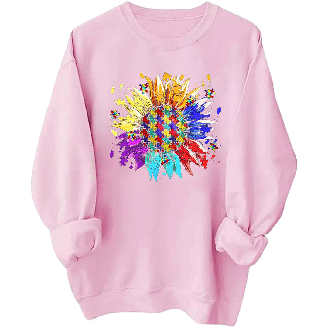 Damen Sweatshirt mit kreativem Puzzle-Blumenmotiv und bequemer Passform Drune
