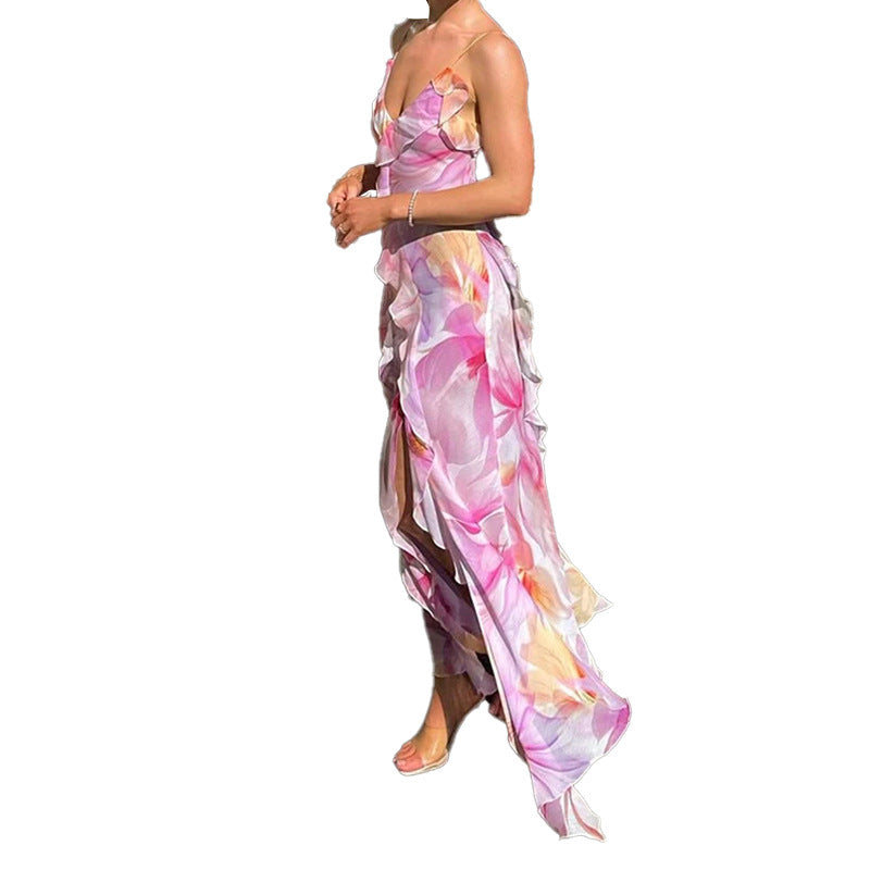 Damen Maxikleid mit floralen Rüschen und elegantem Schlitz Drune