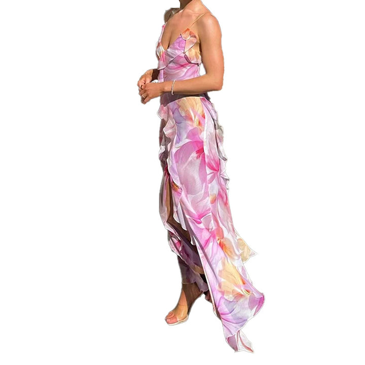 Damen Maxikleid mit floralen Rüschen und elegantem Schlitz Drune