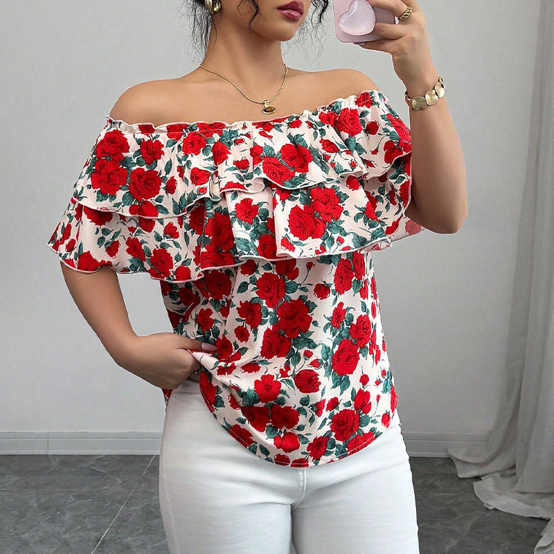 Damen Oberteil mit Volant und floralem Design Drune