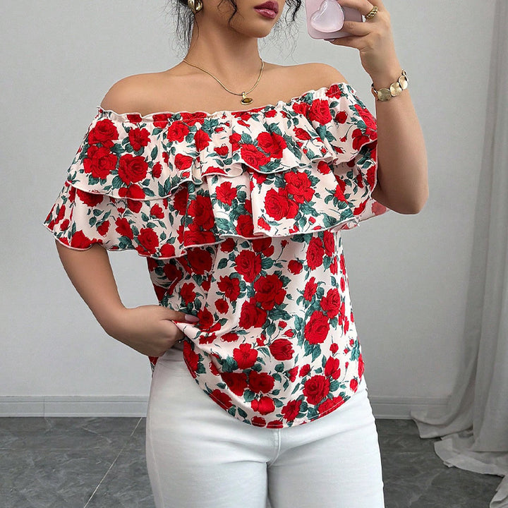 Damen Oberteil mit Volant und floralem Design Drune