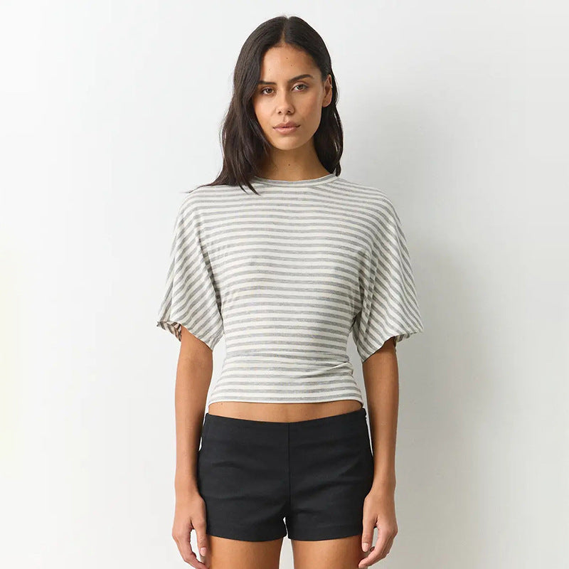 Damen modernes Kurzarm-Top mit lässigem Streifenmuster und elegantem Schnitt Drune