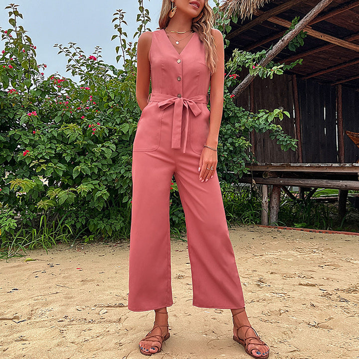 Damen bequemer Jumpsuit mit taillierbarem Gürtel und modischen Knopfdetails Drune