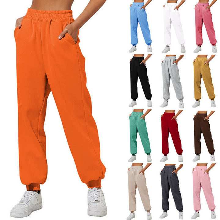 Damen nan lockere High‑Waist Jogginghose mit doppellagigem Komfortbund, seitlichen Eingrifftaschen und gerafften Knöchelbündchen Drune