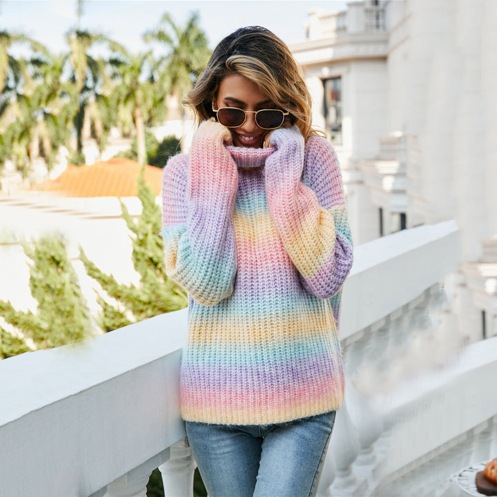 Damen trendiger Pullover mit weitem Rollkragen und einem bunten Wellenmuster Drune