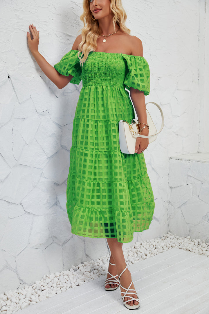 Damen Midi-Kleid mit Puffärmeln und elastischem Taillengürtel Drune