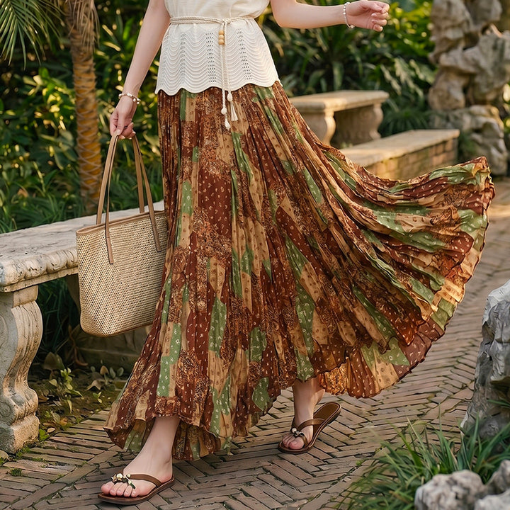 Damen nan fein gefalteter Midirock mit Vintage Blumenprint und elastischem Taillenbund Drune