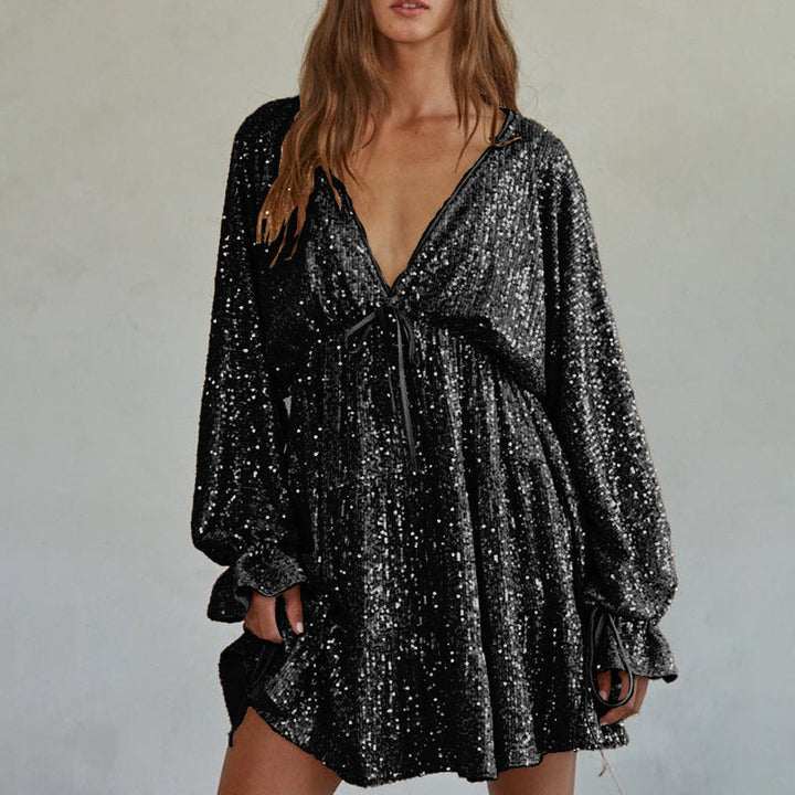 Damen Funkelndes Festkleid mit V-Ausschnitt und Rüschendetails Drune