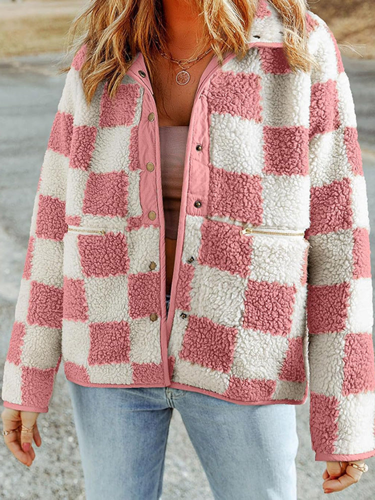 Damen flauschige Karojacke mit praktischen Taschen und Knopfverschluss Drune