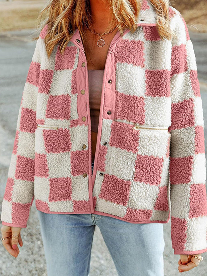 Damen flauschige Karojacke mit praktischen Taschen und Knopfverschluss Drune