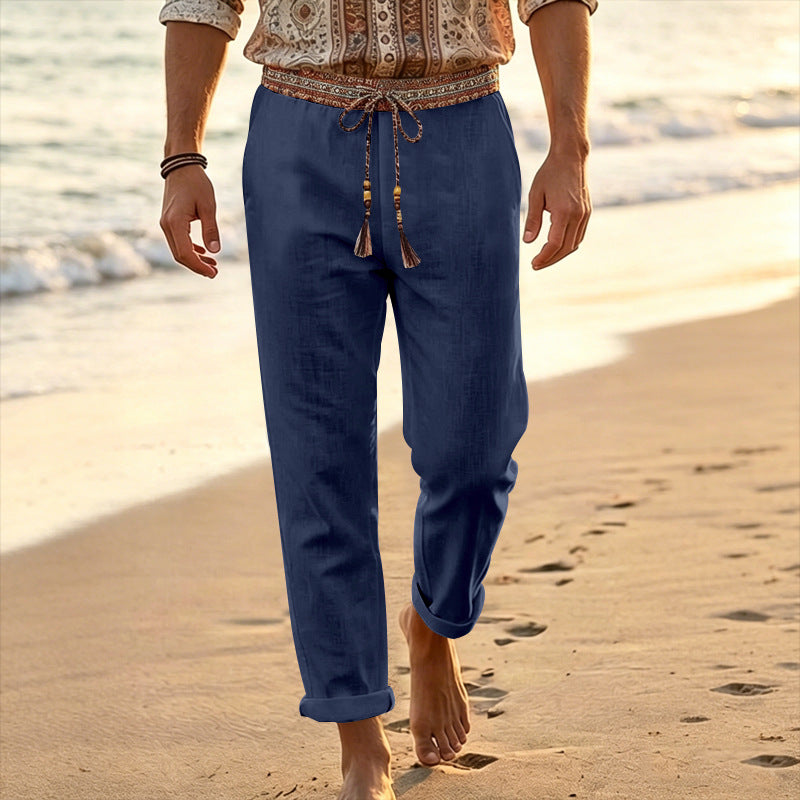 Herren nan maritime Leinen-Loungehose mit dekorativem Ethno-Bund, elastischem Tunnelzug und geradem Bein Drune