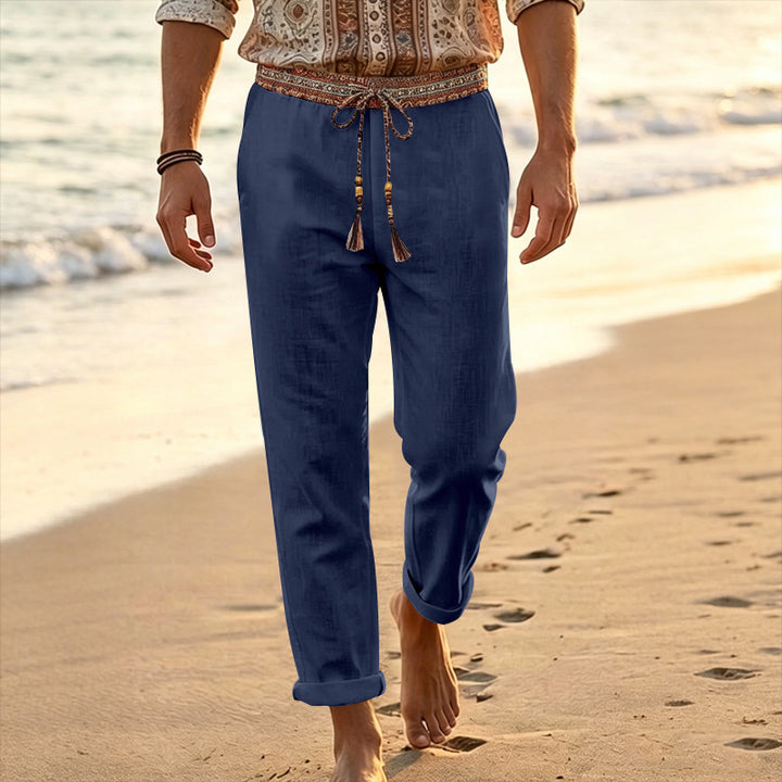 Herren nan maritime Leinen-Loungehose mit dekorativem Ethno-Bund, elastischem Tunnelzug und geradem Bein Drune