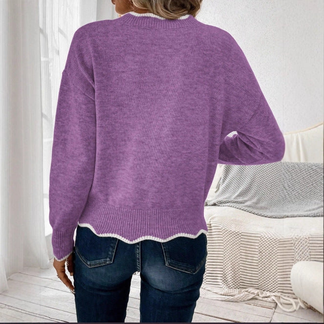 Damen legerer V-Ausschnitt Pullover mit gezacktem Saum Drune
