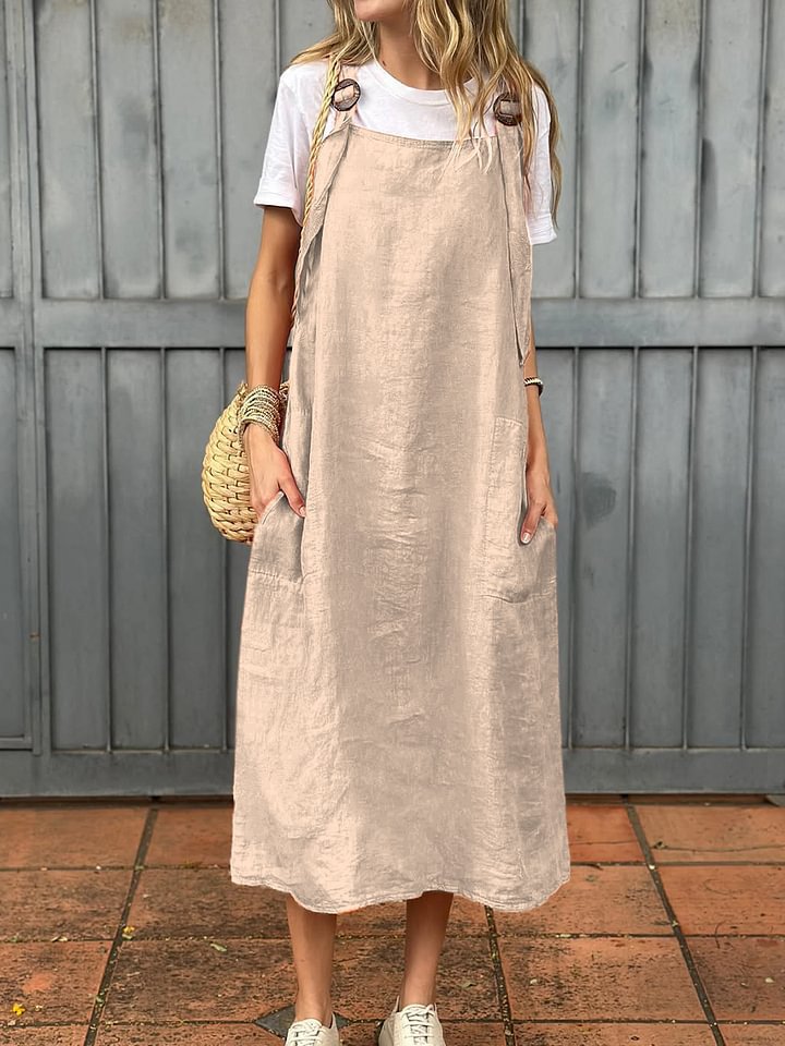 Damen Lässiges Leinenkleid mit praktischen Trägerdetails und großen Taschen Drune
