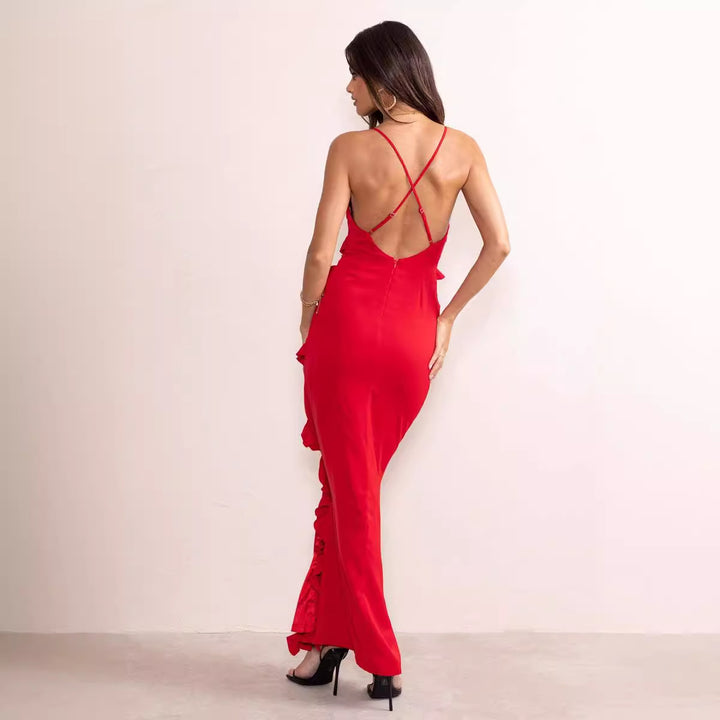 Damen Maxikleid mit voluminösen Rüschendetails und elegantem Beinschlitz Drune