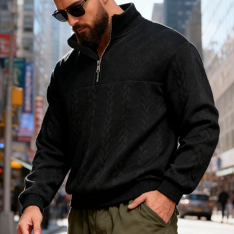 Herren nan strukturiertes Halfzip-Strickpullover mit Zopfmuster und hohem Stehkragen Drune