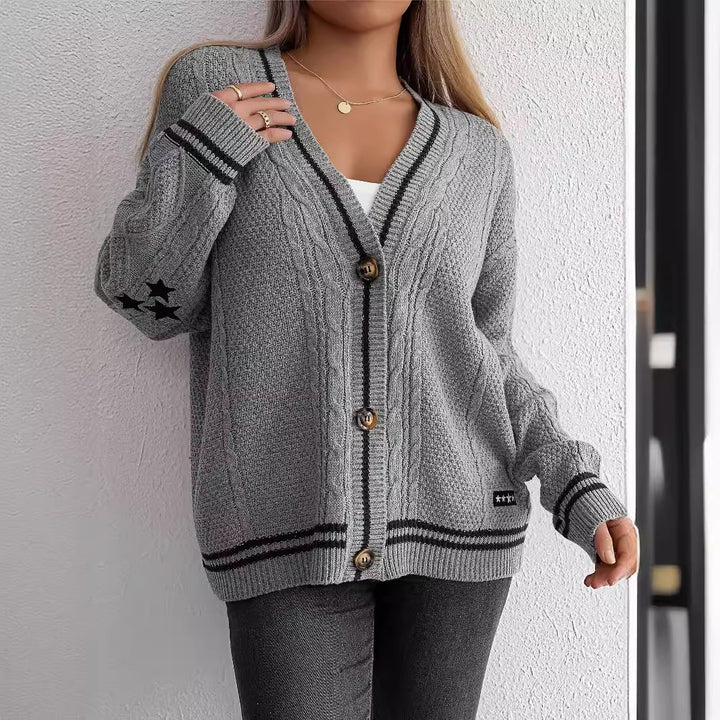 Damen lässiger Strickcardigan mit strukturiertem Zopfmuster und dekorativen Knöpfen Drune