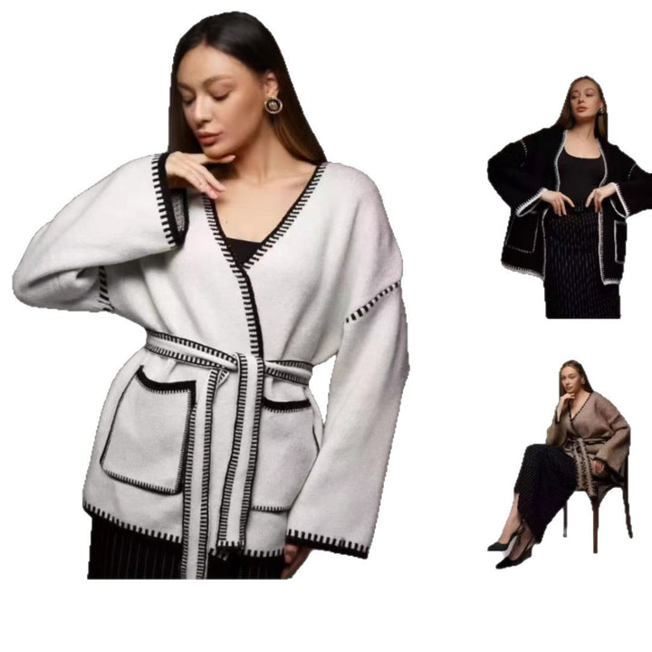 Damen Eleganter Wickelpullover mit Taschen und Gürtel Drune