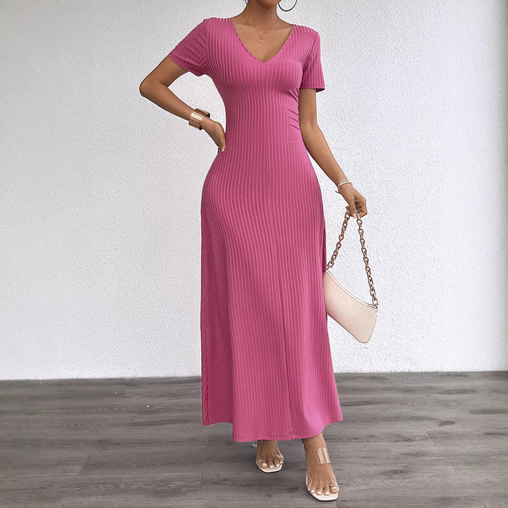 Damen Langarm Maxikleid mit elegantem V-Ausschnitt und Rippstruktur Drune