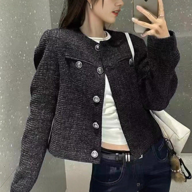 Damen elegante Kurzjacke mit strukturiertem Stoff und dekorativen Knopfdetails Drune
