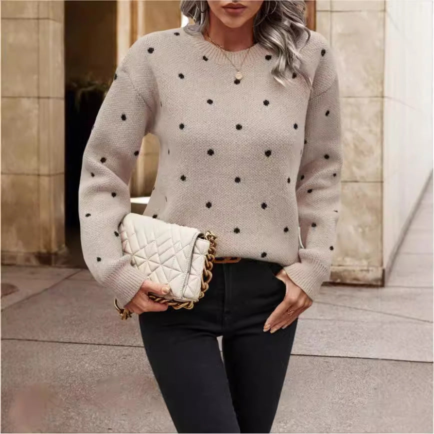 Damen lässiger Strickpullover mit modernem Pünktchenmuster und Rundhalsausschnitt Drune