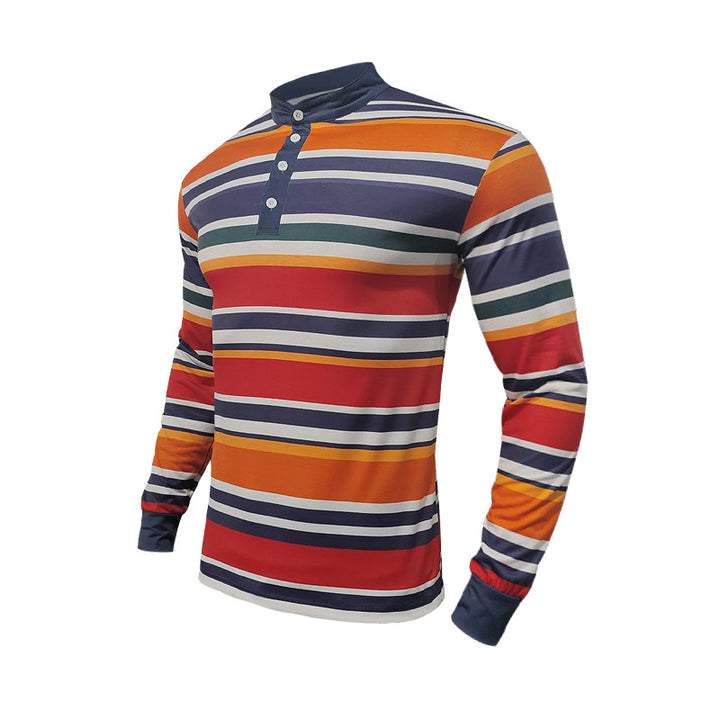 Herren nan gestreiftes Langarm-Henleyshirt mit Stehkragen und Knopfleiste Drune