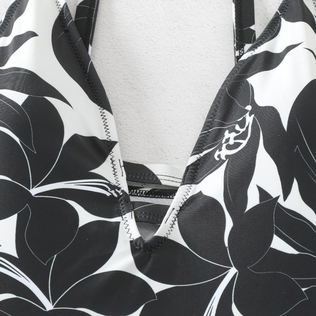 Damen Einteiler Badeanzug mit elegantem floralem Design und modernem V-Ausschnitt Drune